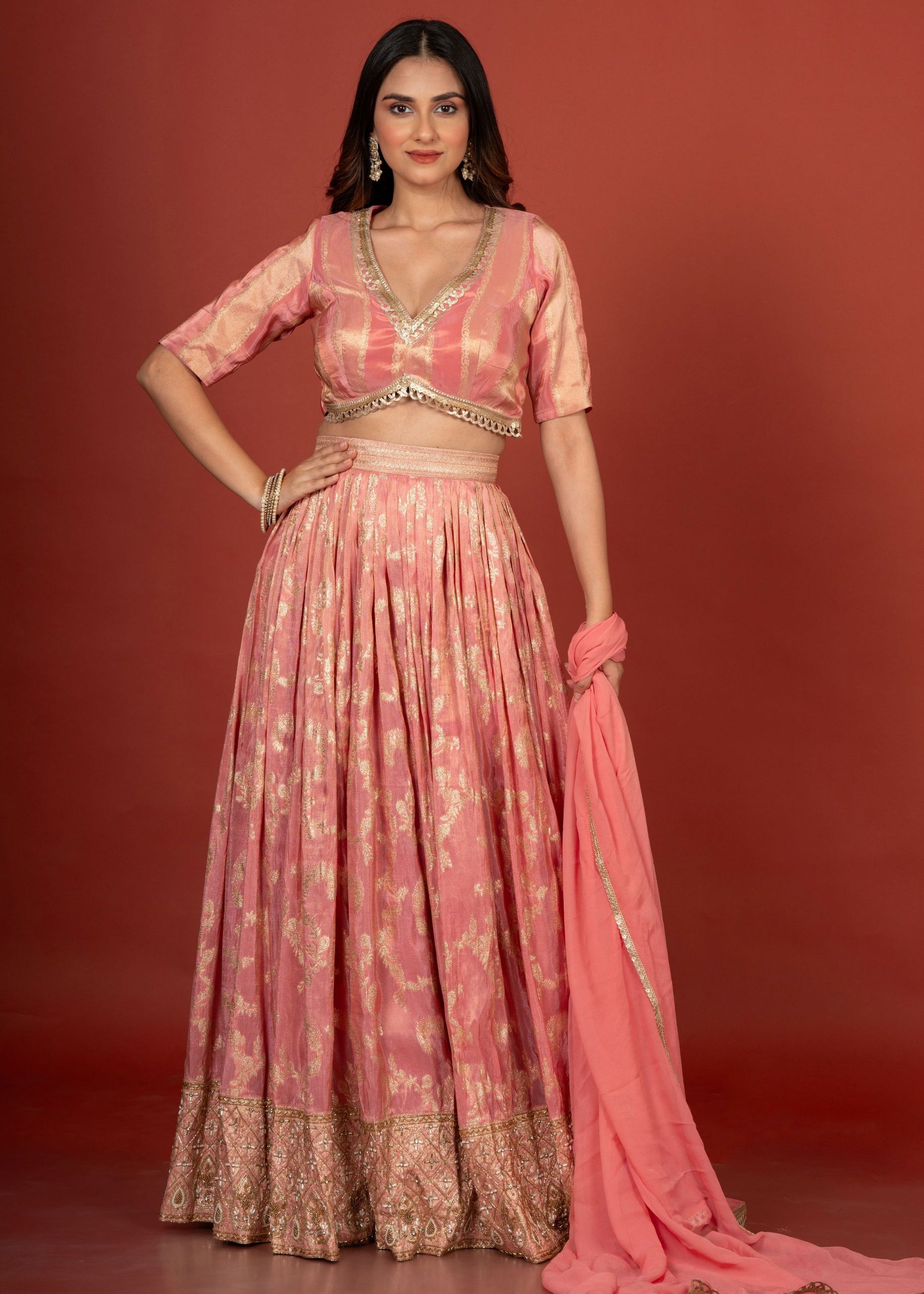 Peach Designer Banarasi Lehenga Set Full

