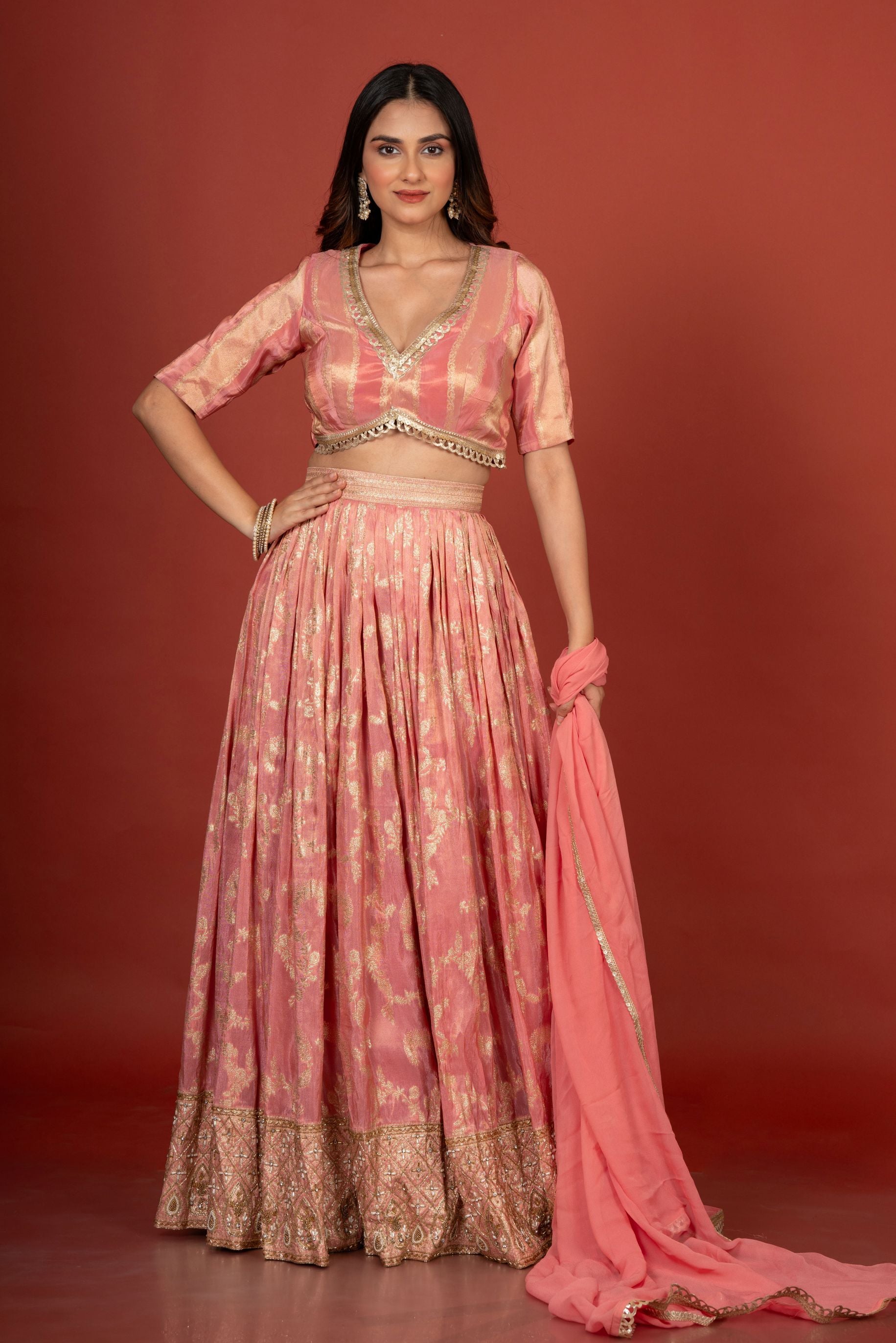 Peach Designer Banarasi Lehenga Set Full

