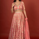 Peach Designer Banarasi Lehenga Set Front

