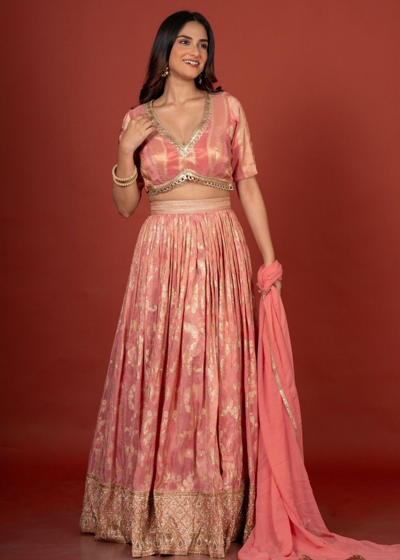 Peach Designer Banarasi Lehenga Set - Anvi Couture