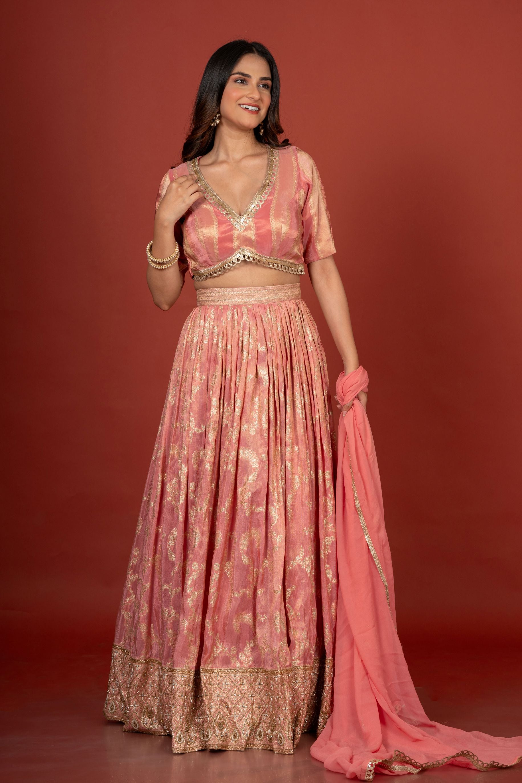 Peach Designer Banarasi Lehenga Set Front


