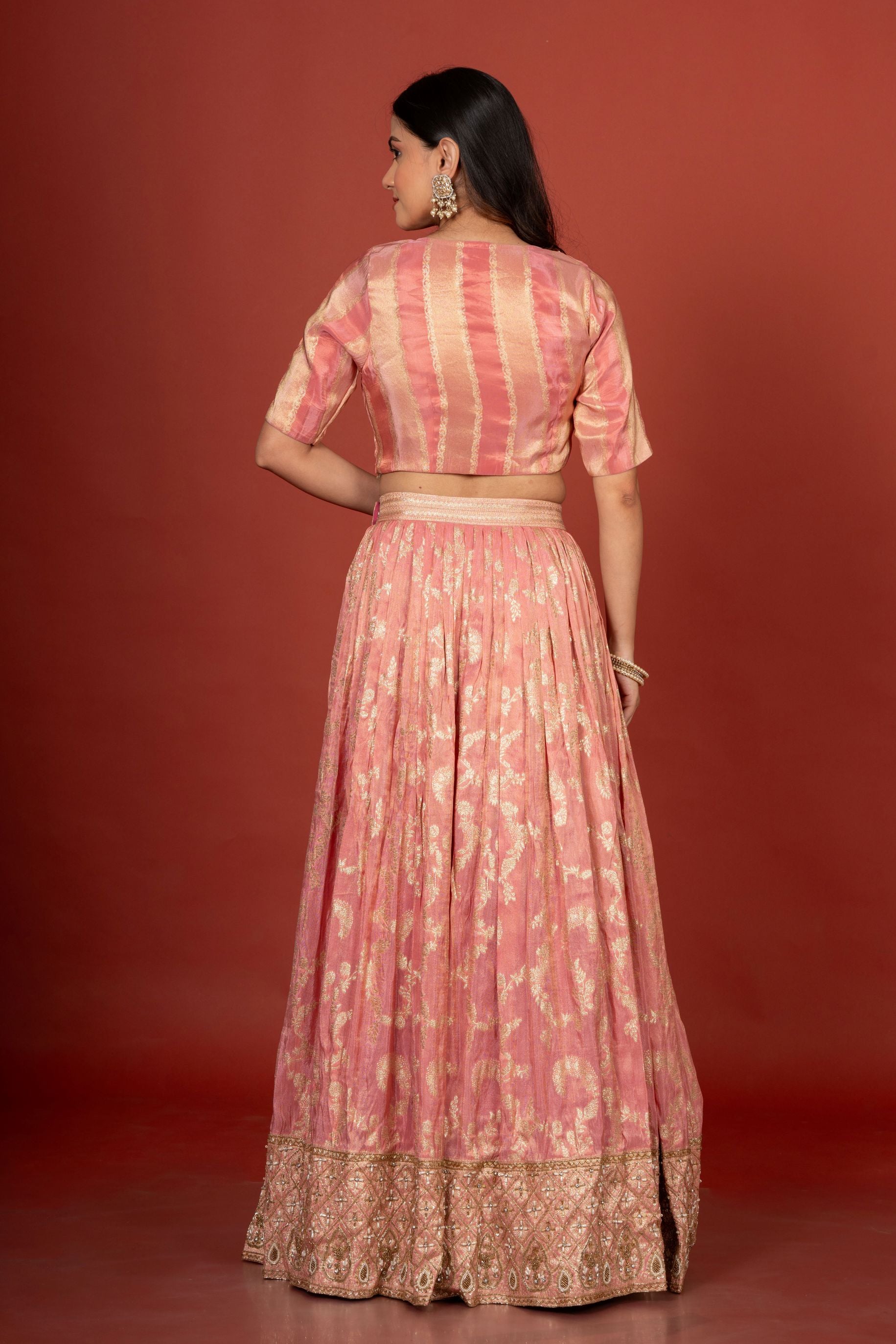 Peach Designer Banarasi Lehenga Set Back

