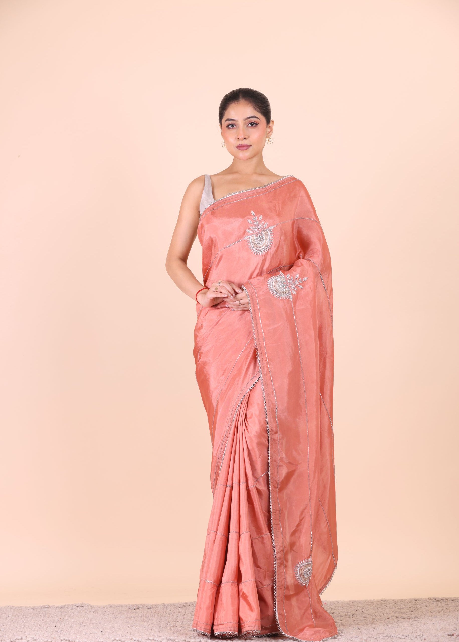Peach Designer Embroidered Saree full