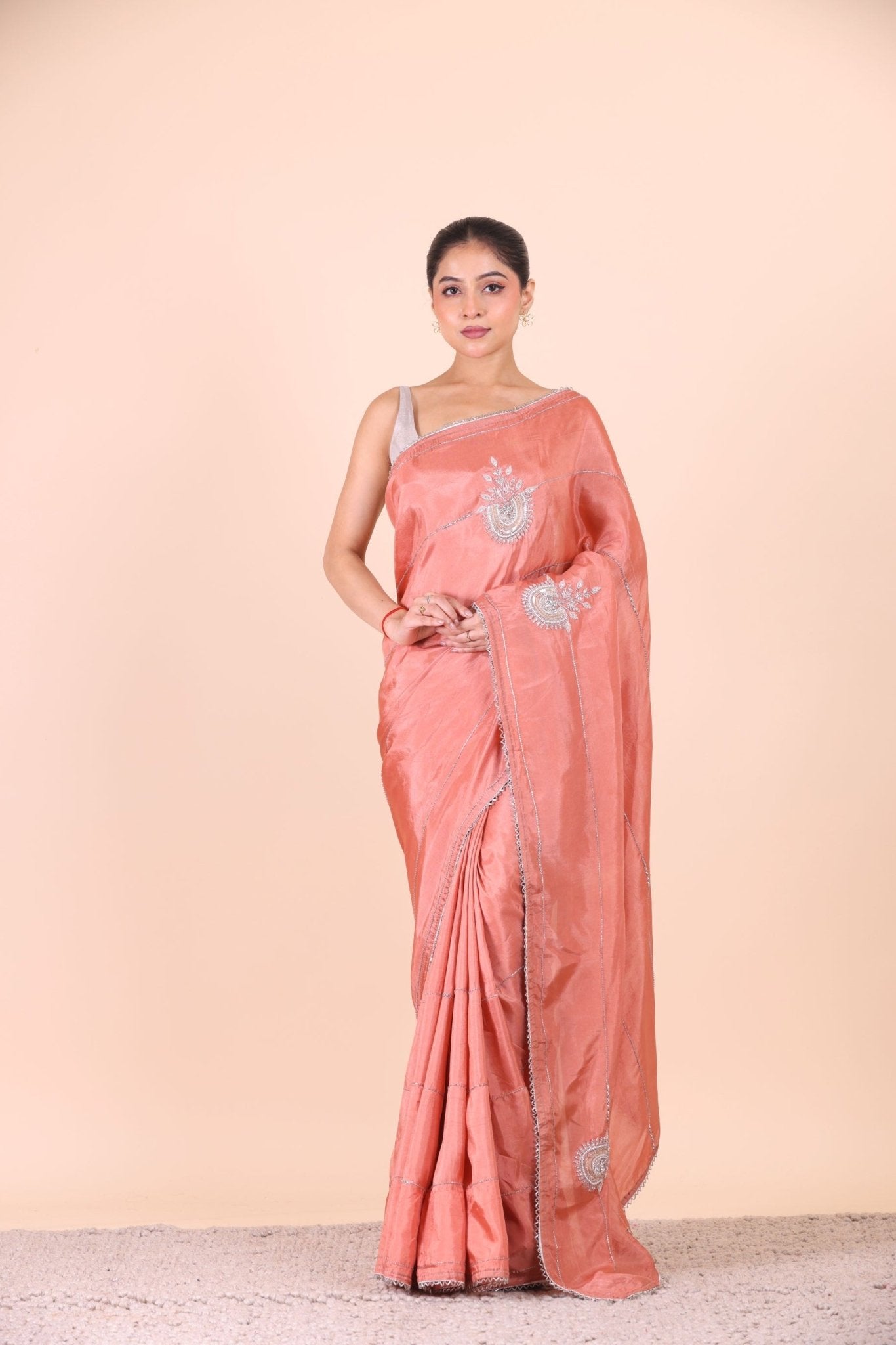 Peach Designer Embroidered Saree full
