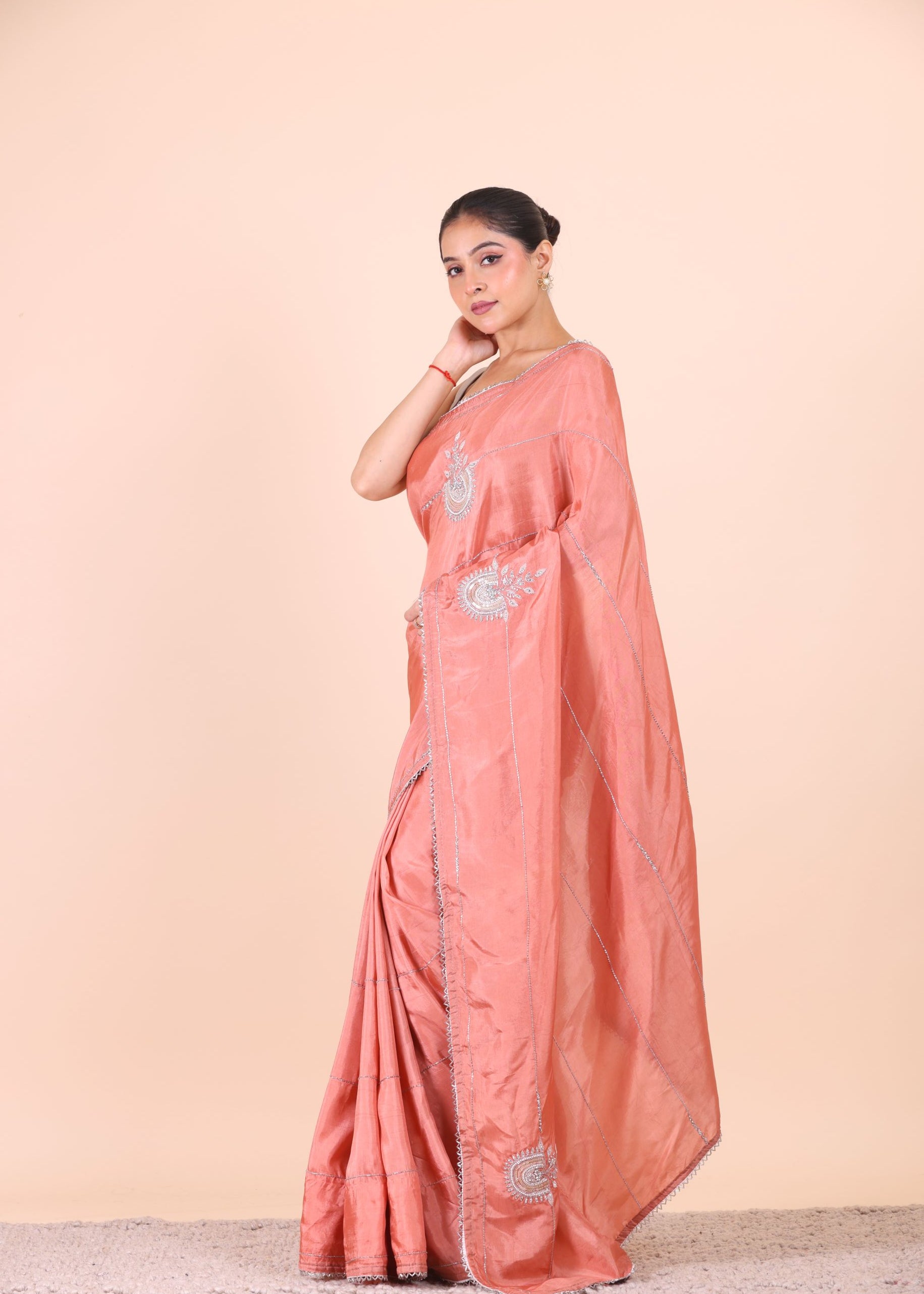 Peach Designer Embroidered Saree front