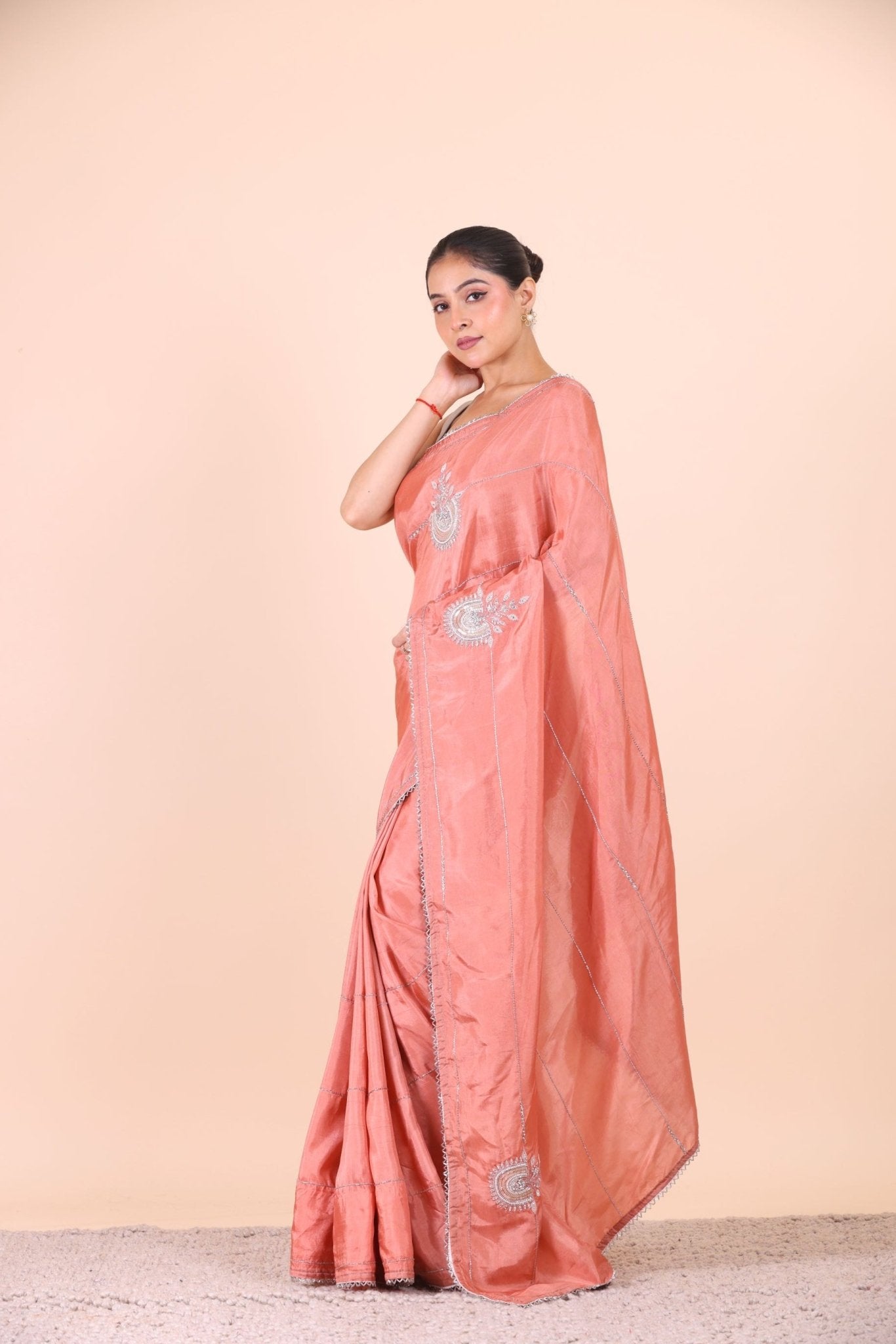 Peach Designer Embroidered Saree front