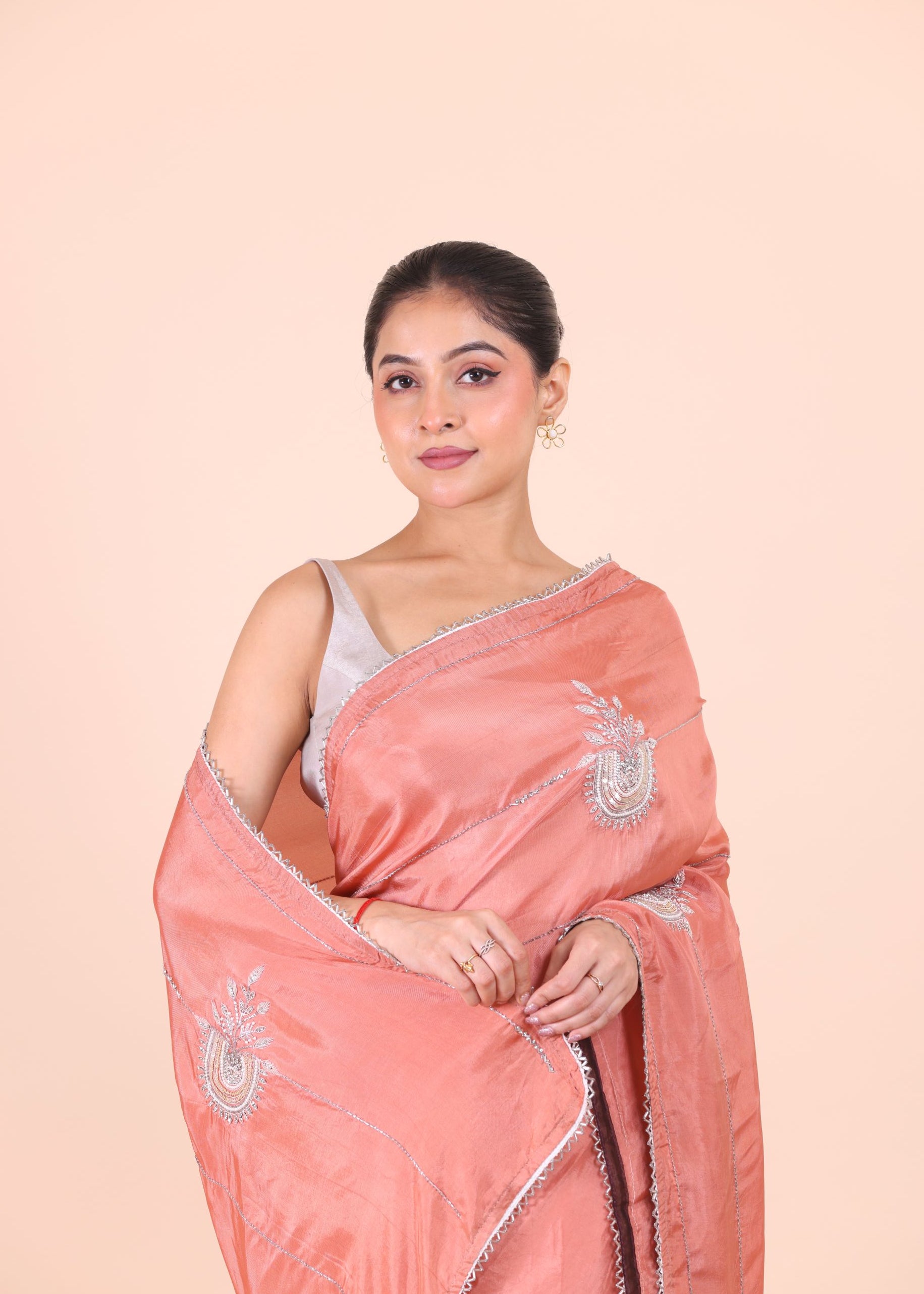 Peach Designer Embroidered Saree close up