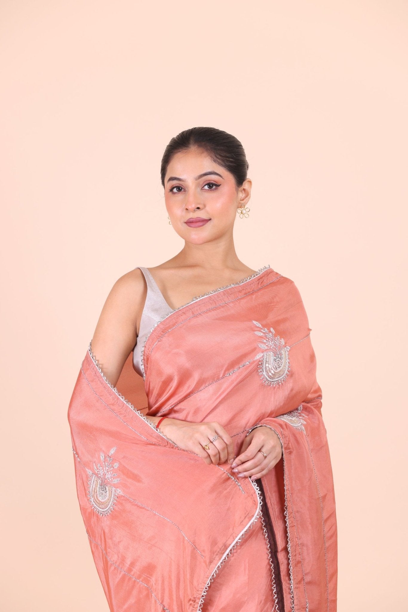 Peach Designer Embroidered Saree close up