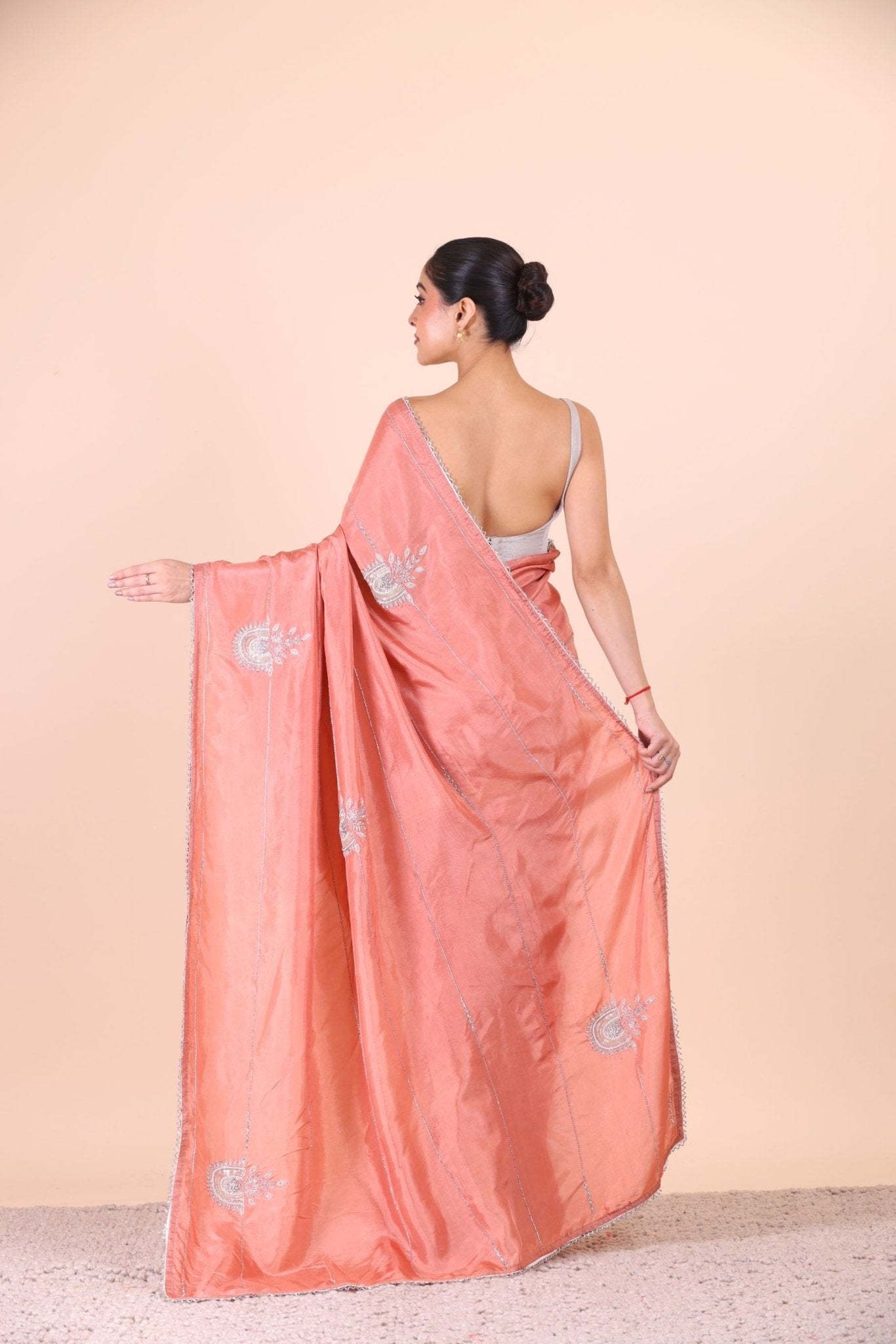 Peach Designer Embroidered Saree back