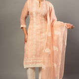 Peach Embroidered Kurti Set with Dupatta - Anvi Couture