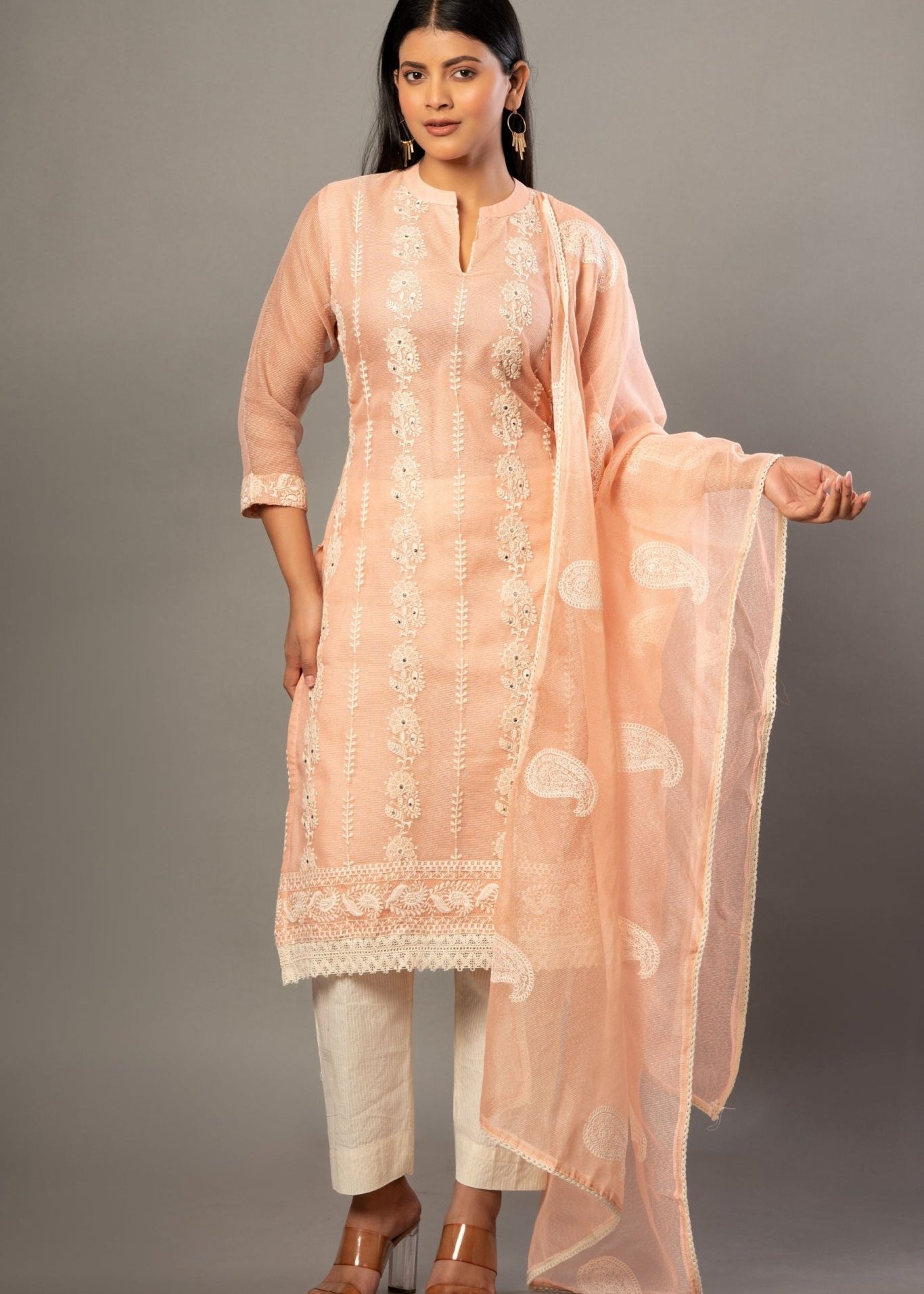 Peach Embroidered Kurti Set with Dupatta - Anvi Couture