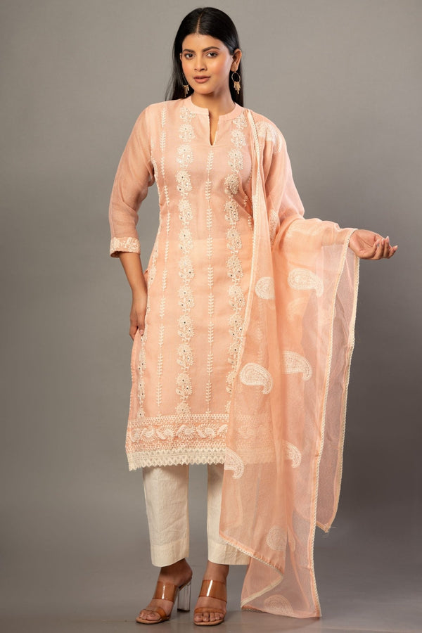 Peach Embroidered Kurti Set with Dupatta - Anvi Couture