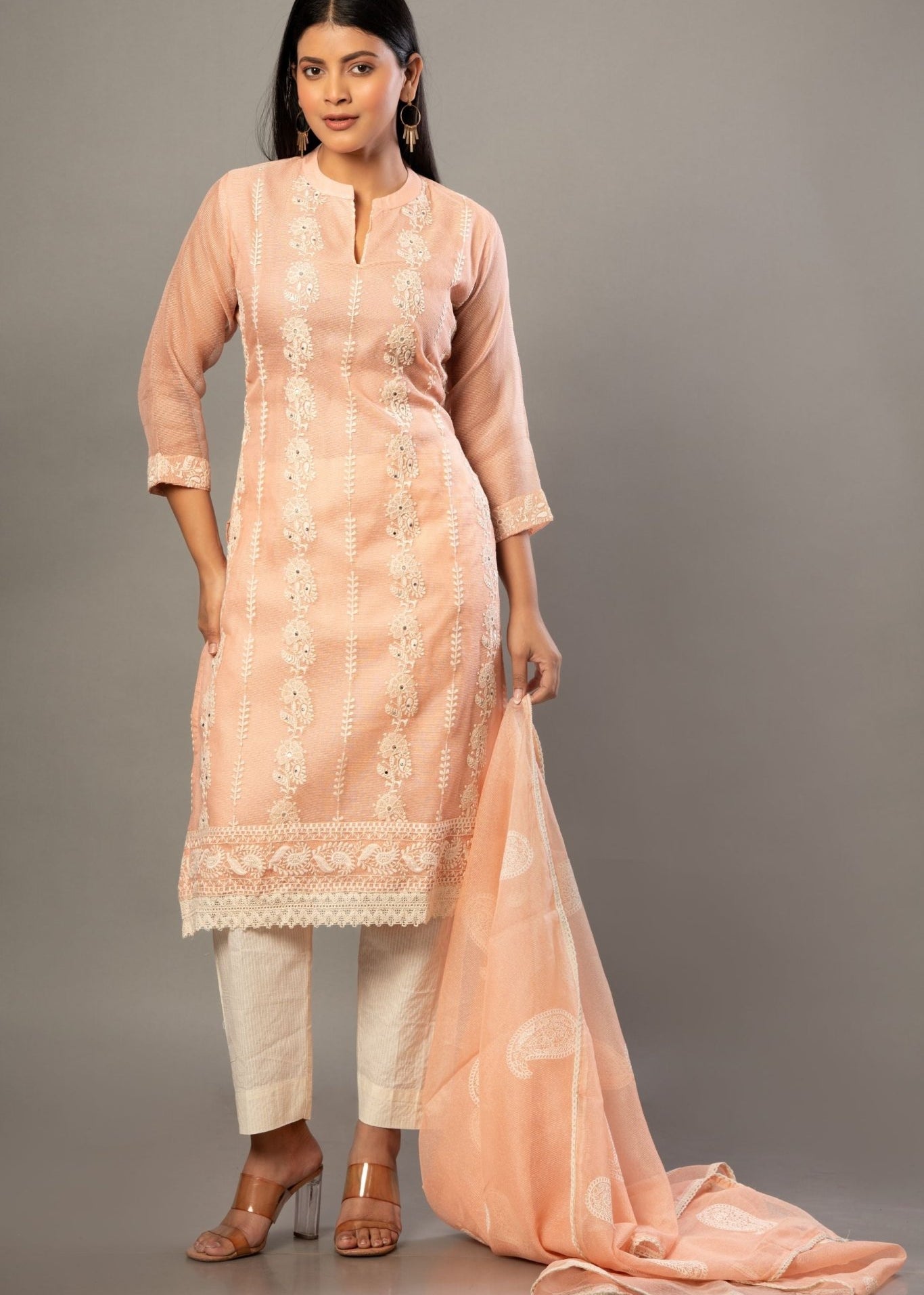 Peach Embroidered Kurti Set with Dupatta - Anvi Couture