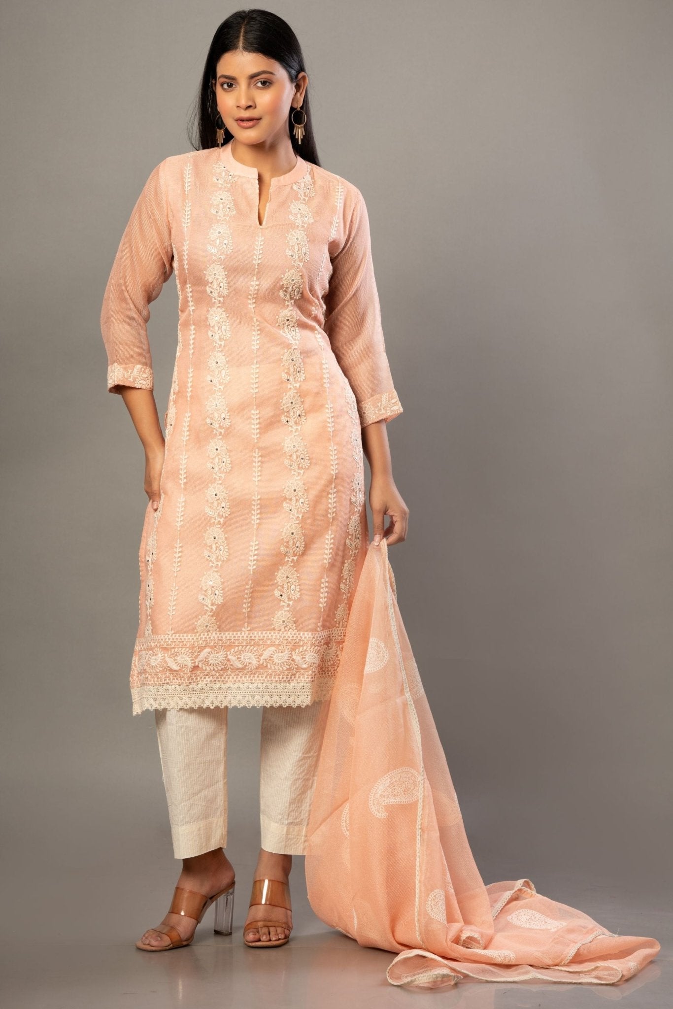 Peach Embroidered Kurti Set with Dupatta - Anvi Couture
