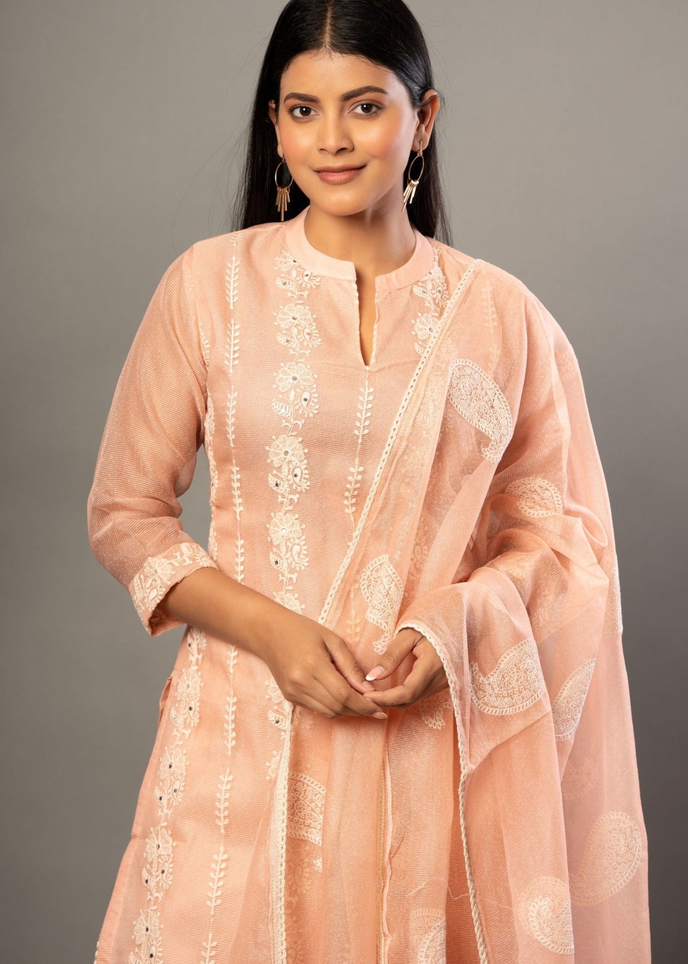 Peach Embroidered Kurti Set with Dupatta - Anvi Couture