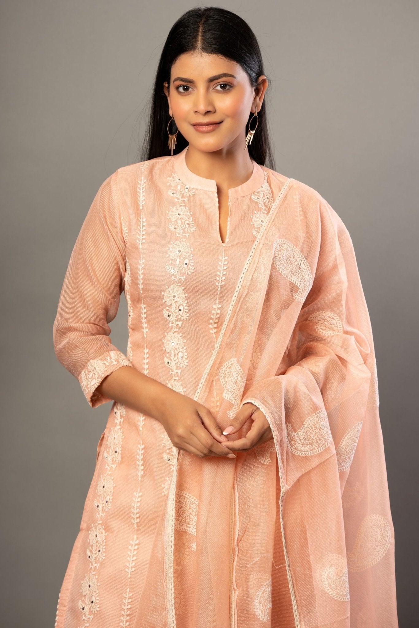 Peach Embroidered Kurti Set with Dupatta - Anvi Couture