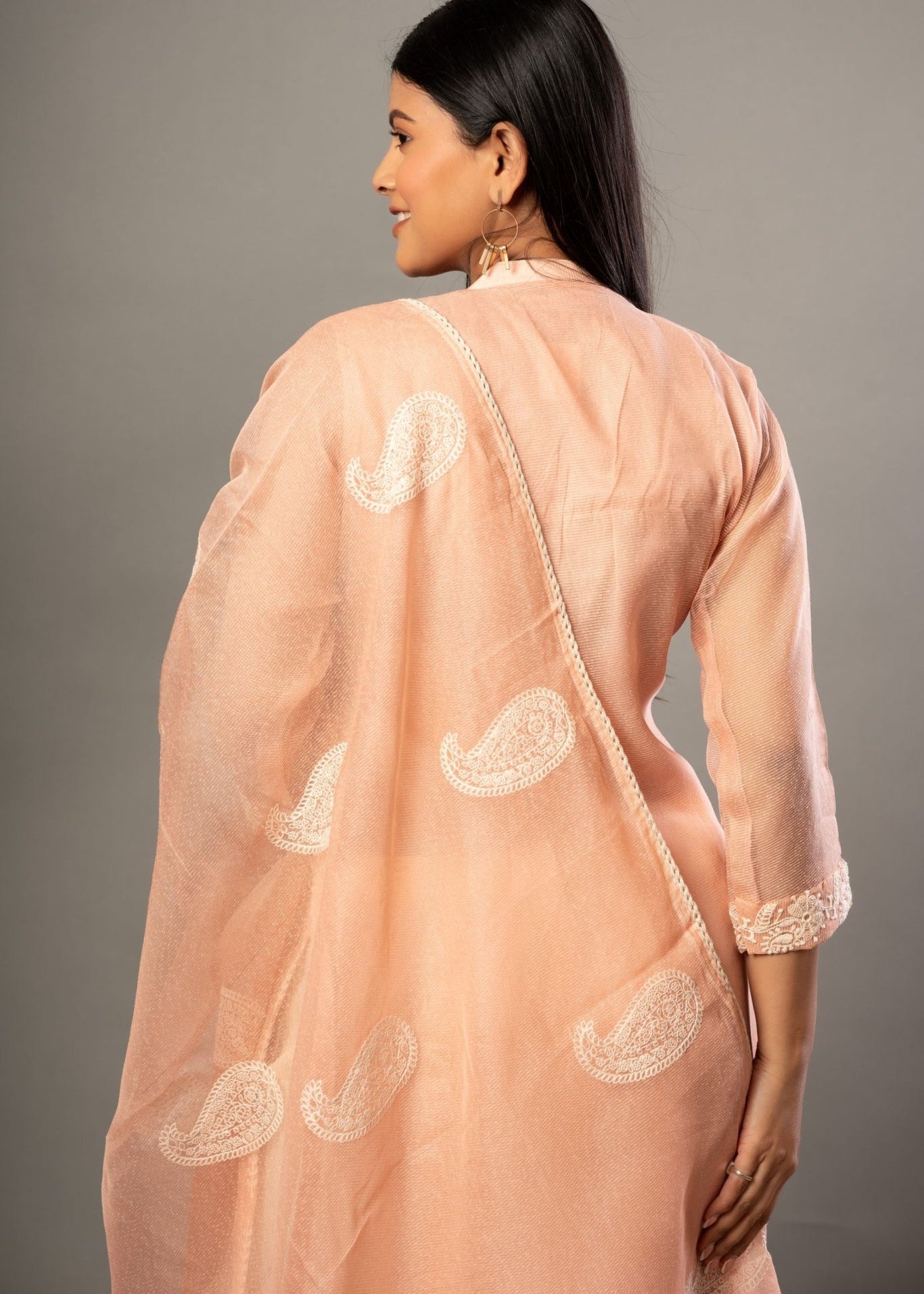 Peach Embroidered Kurti Set with Dupatta - Anvi Couture