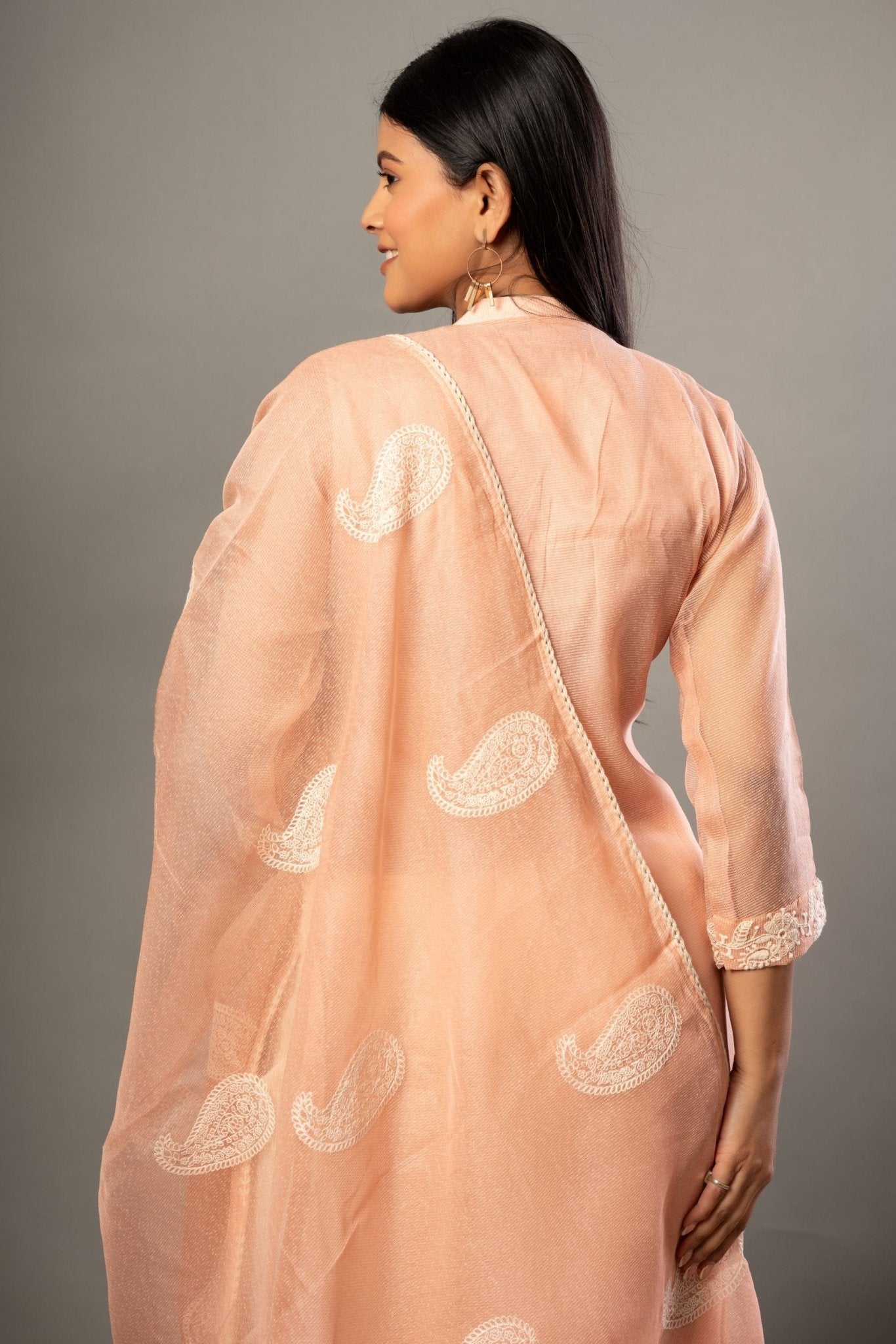Peach Embroidered Kurti Set with Dupatta - Anvi Couture