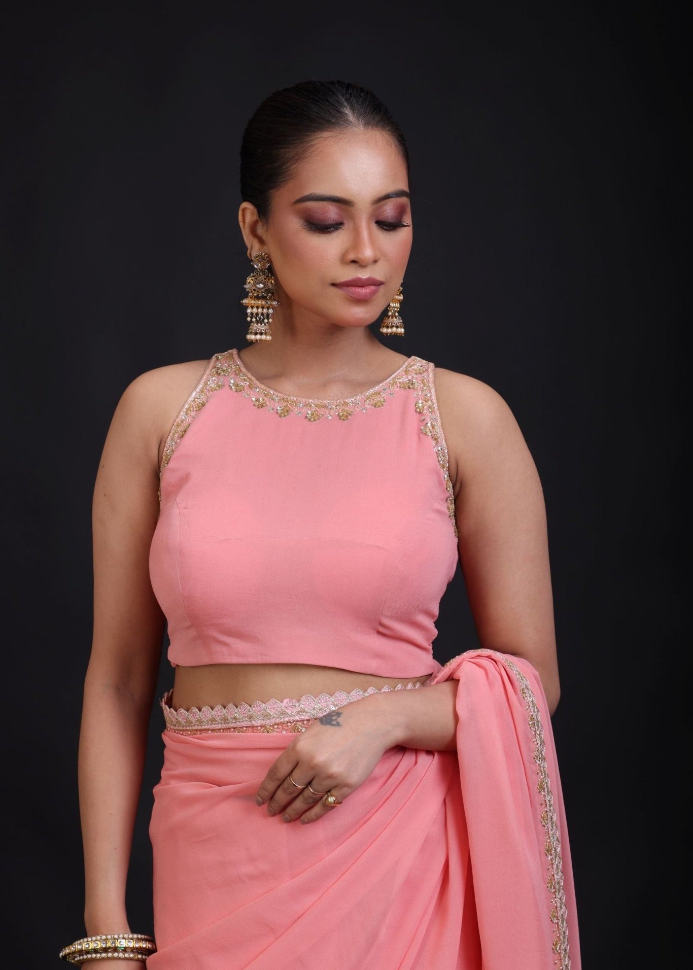 Peach Embroidered Sleeveless blouse - Anvi Couture