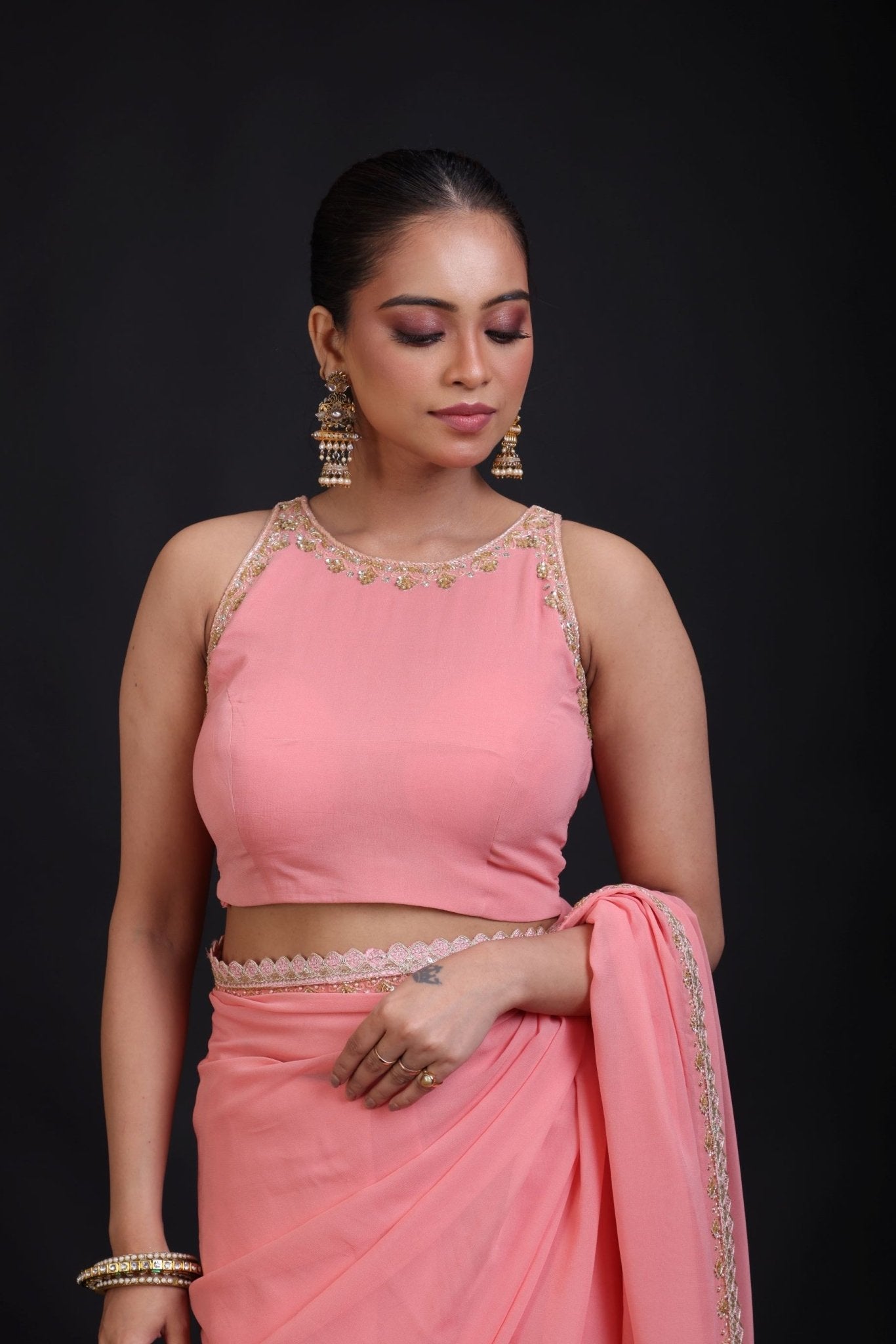 Peach Embroidered Sleeveless blouse - Anvi Couture