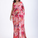 Peach Floral Printed Georgette Saree Full