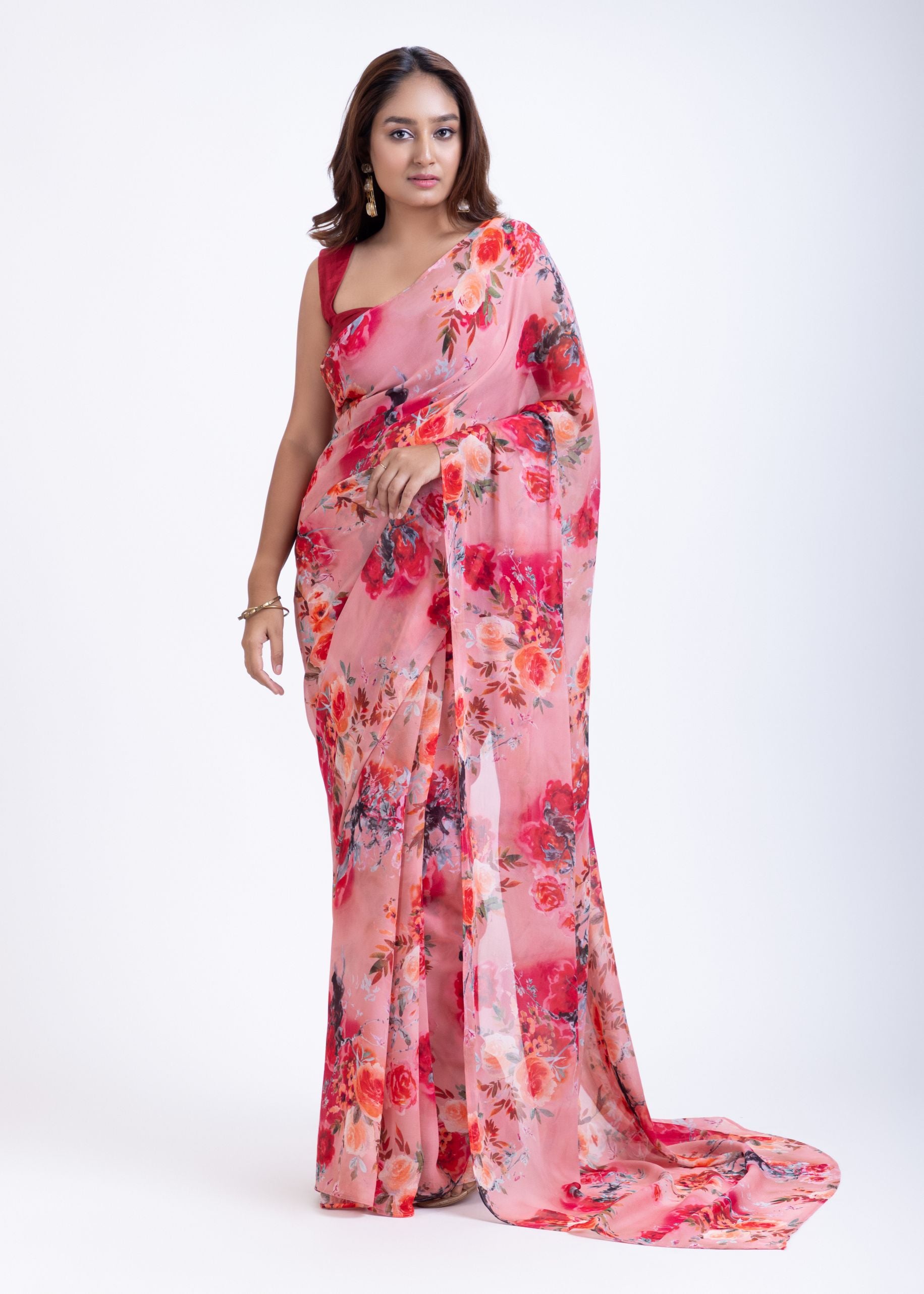 Peach Floral Printed Georgette Saree Full