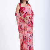 Peach Floral Printed Georgette Saree Front