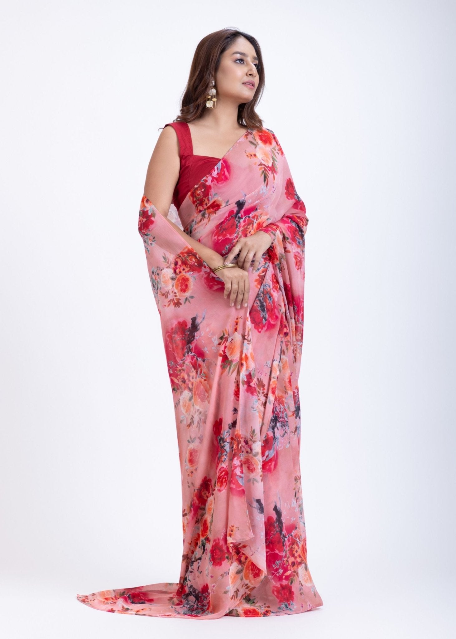 Peach Floral Printed Georgette Saree - Anvi Couture