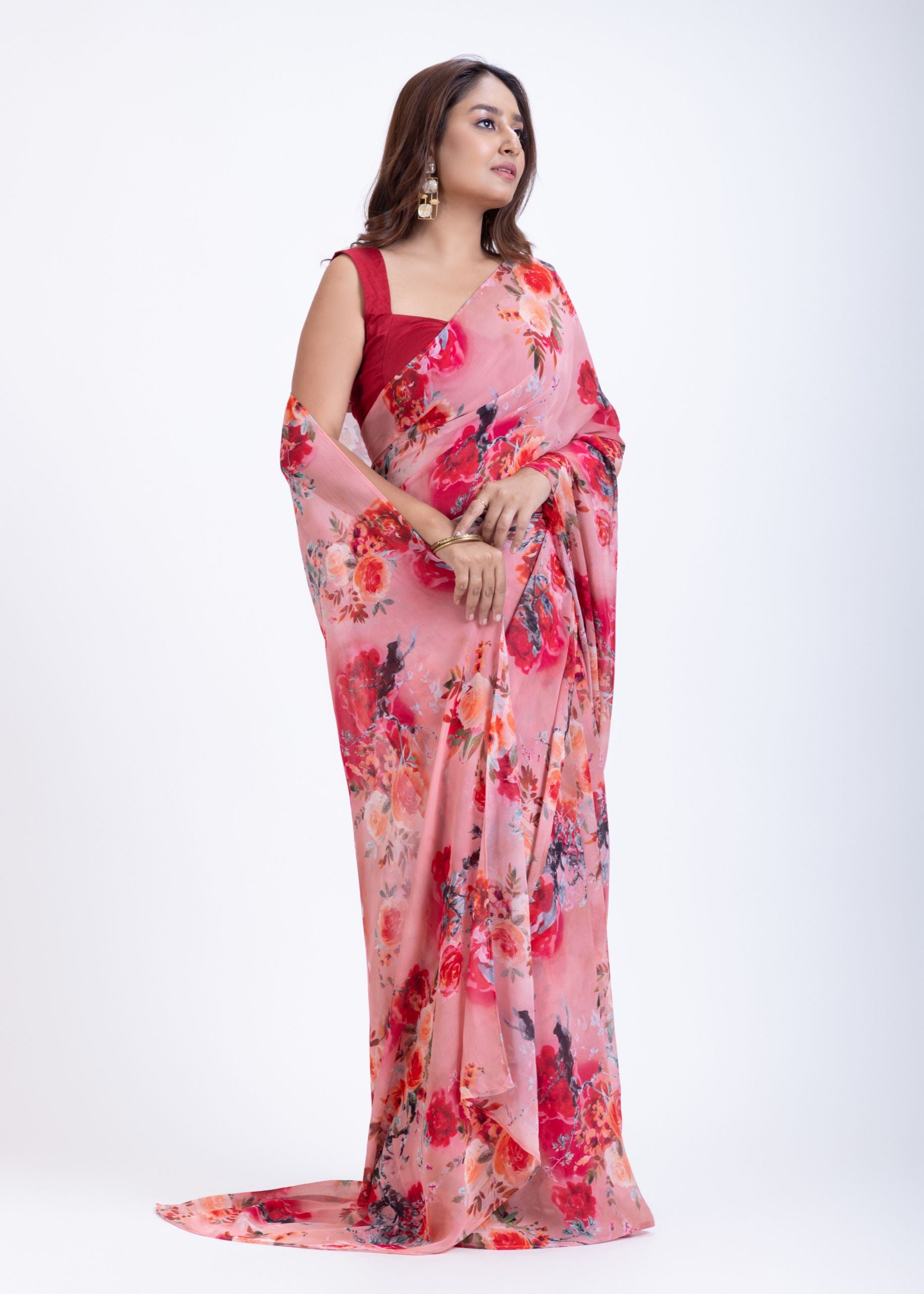 Peach Floral Printed Georgette Saree Front