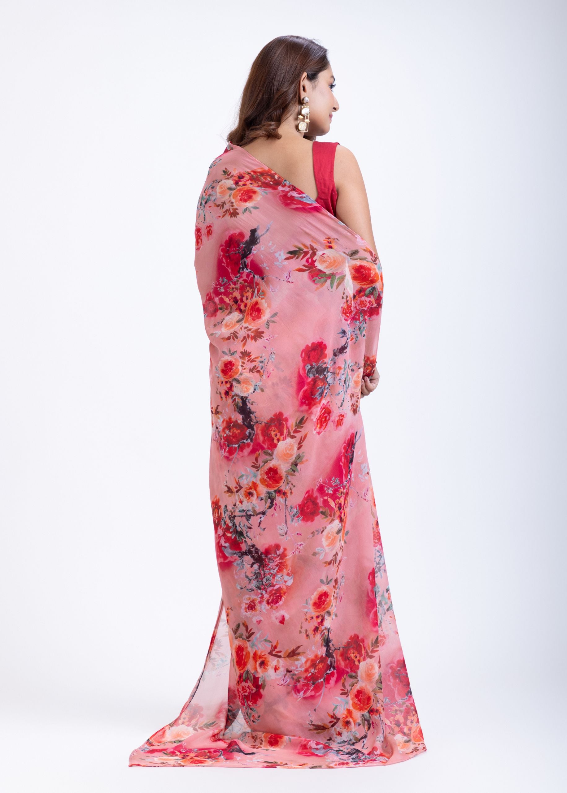 Peach Floral Printed Georgette Saree Back