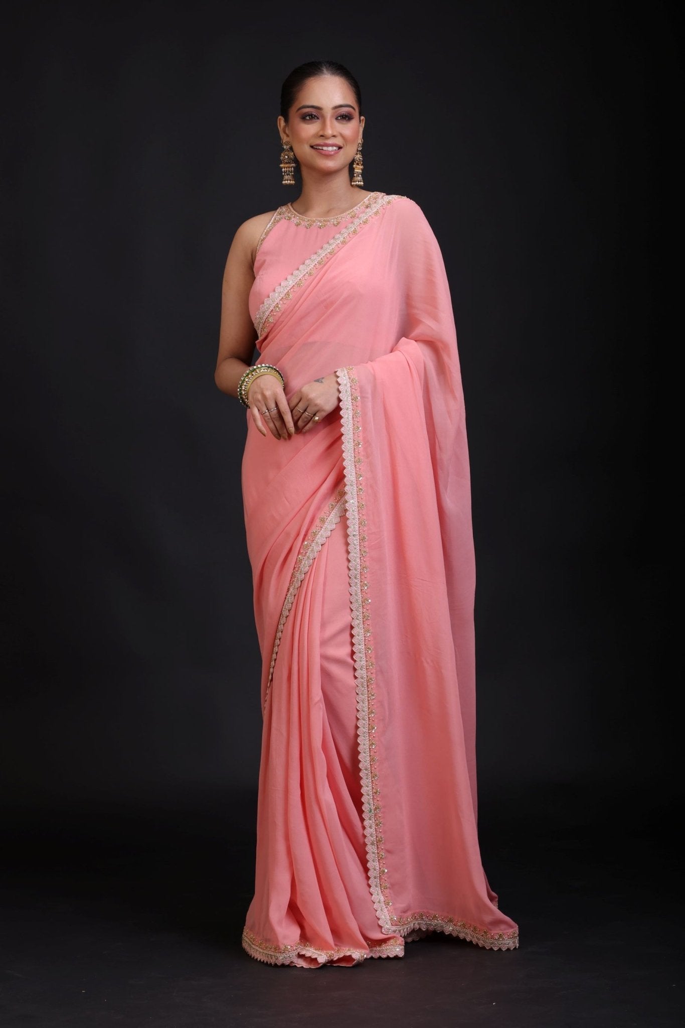 Peach Georgette Designer Embroidery Saree - Anvi Couture