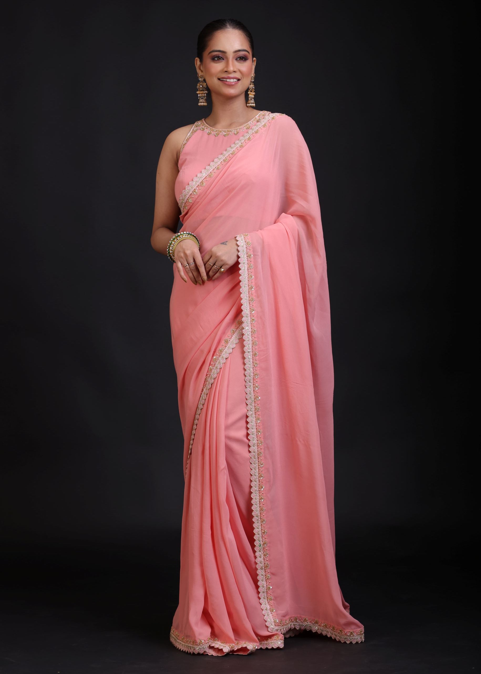 Peach Georgette Designer Embroidery Saree Full
