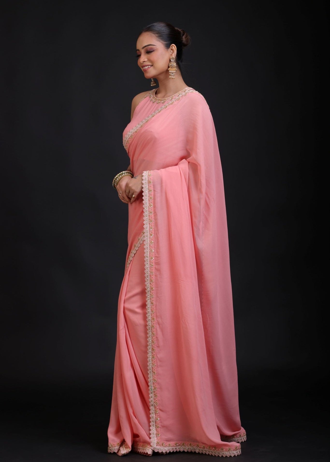 Peach Georgette Designer Embroidery Saree - Anvi Couture