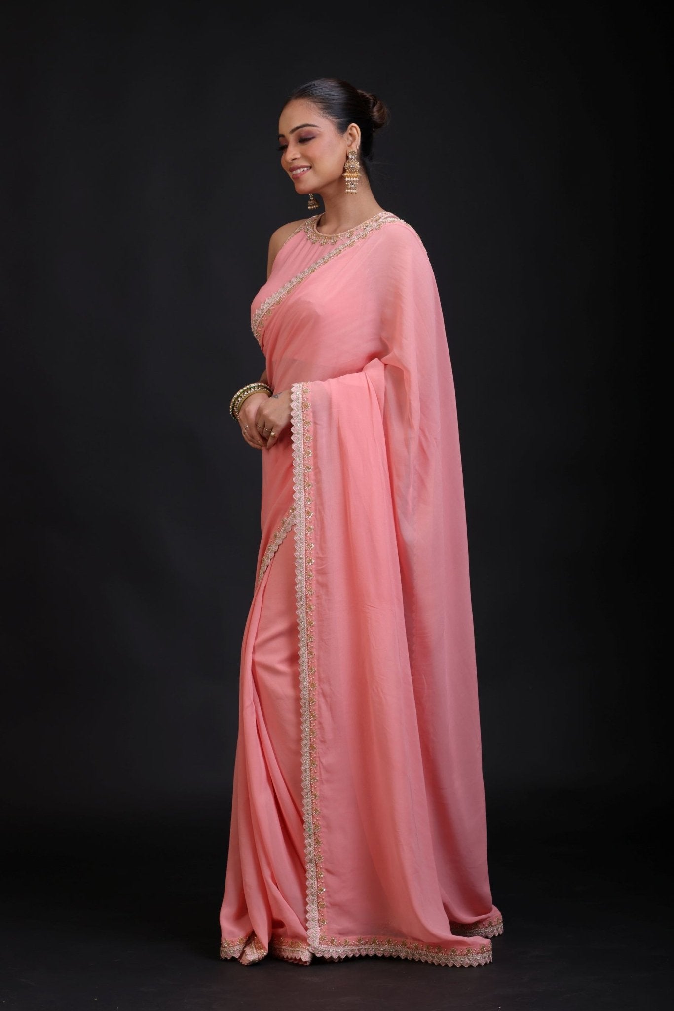 Peach Georgette Designer Embroidery Saree - Anvi Couture