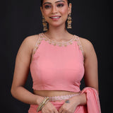 Peach Georgette Designer Embroidery Saree Close Up