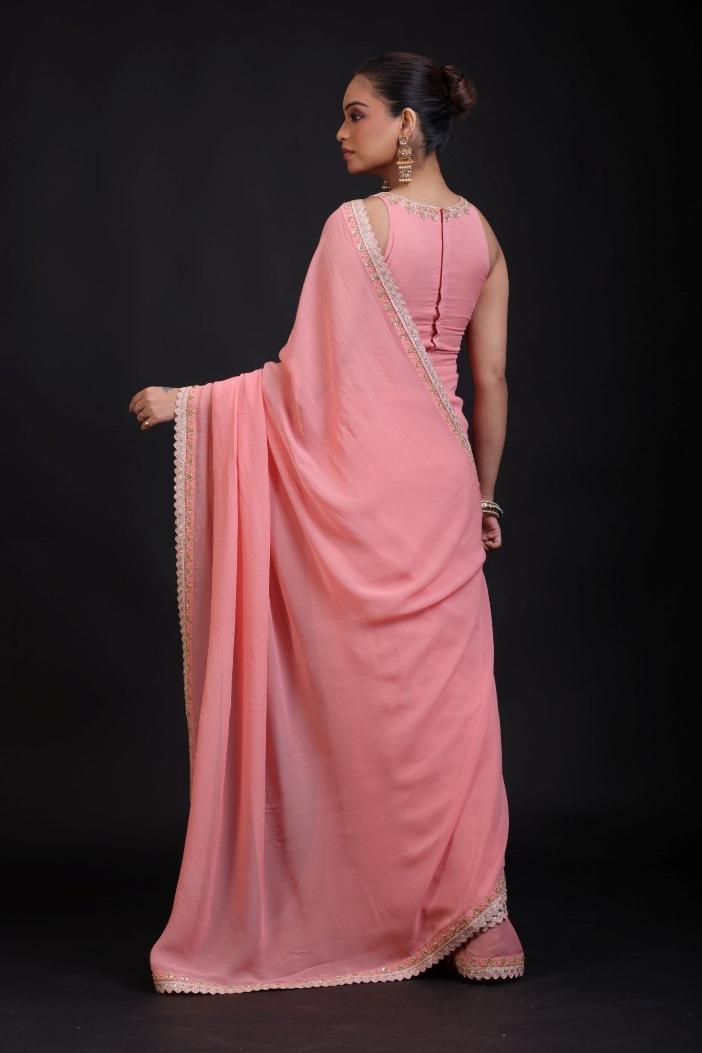 Peach Georgette Designer Embroidery Saree - Anvi Couture