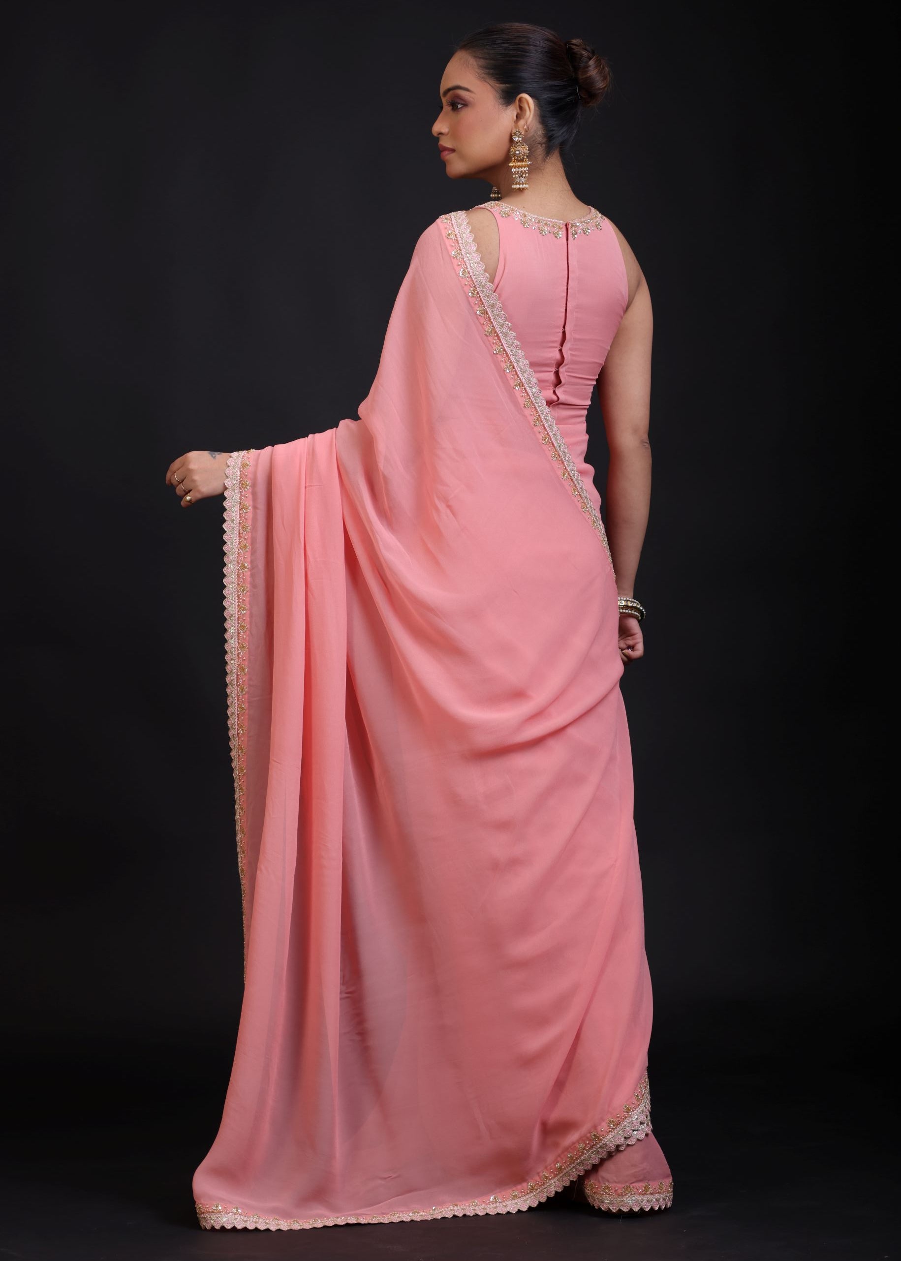 Peach Georgette Designer Embroidery Saree Back