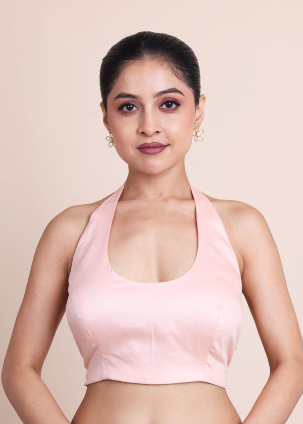 Peach Halter Neck Sleeveless Blouse - Anvi Couture