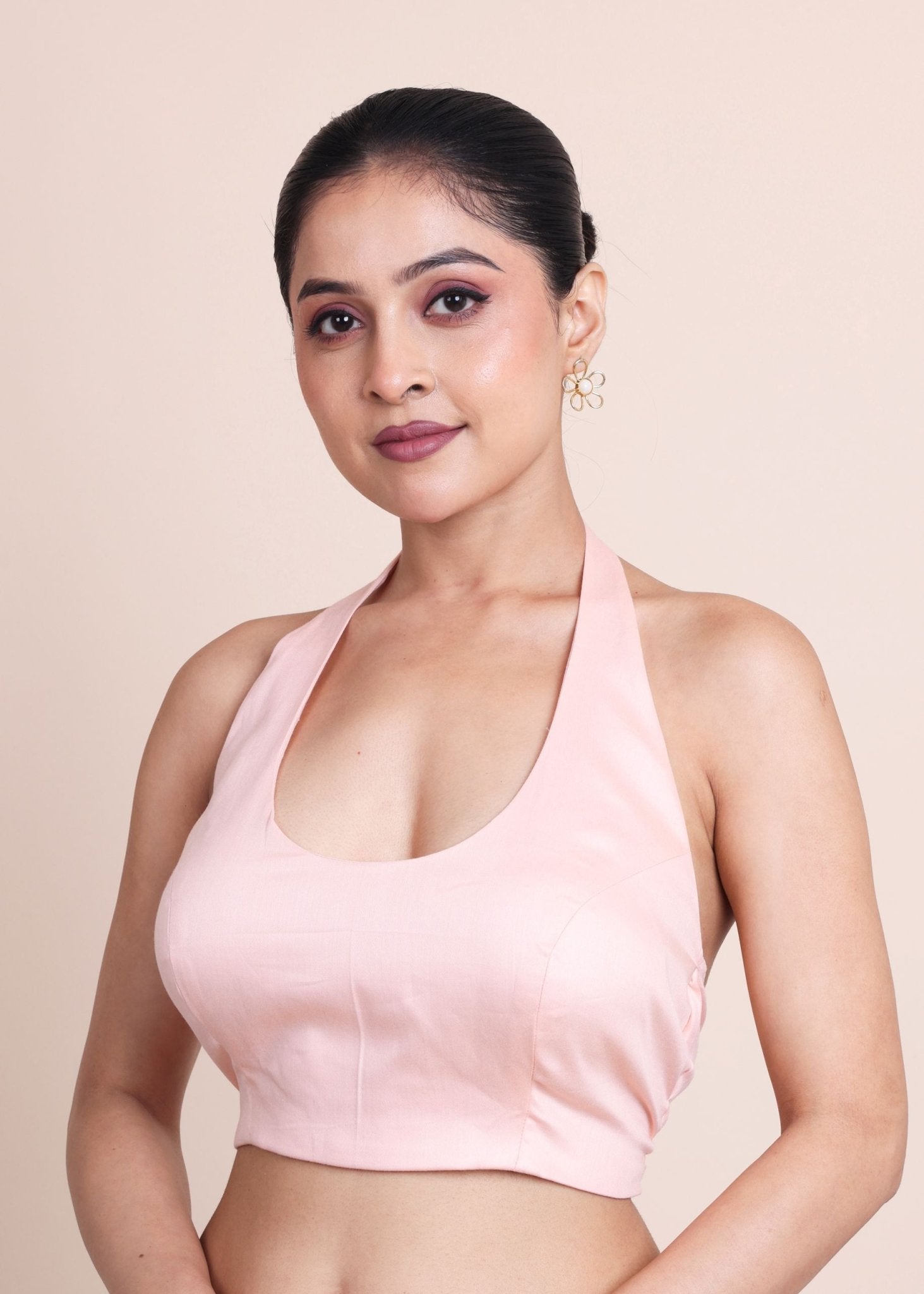 Peach Halter Neck Sleeveless Blouse - Anvi Couture