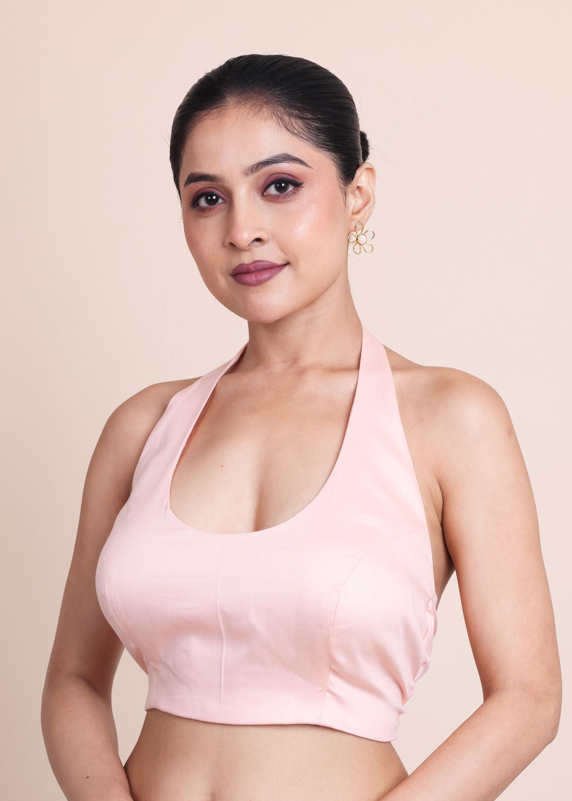 Peach Halter Neck Sleeveless Blouse Front
