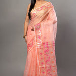 Peach Handloom Organza Silk Jamdani Saree - Anvi Couture-Front 1