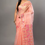 Peach Handloom Organza Silk Jamdani Saree - Anvi Couture-Front 1