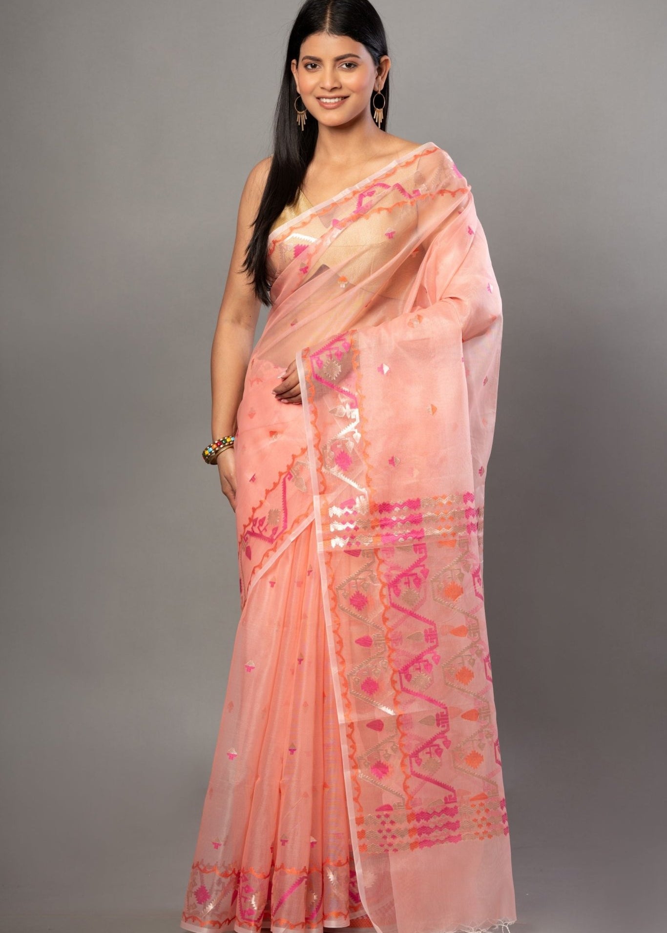 Peach Handloom Organza Silk Jamdani Saree - Anvi Couture