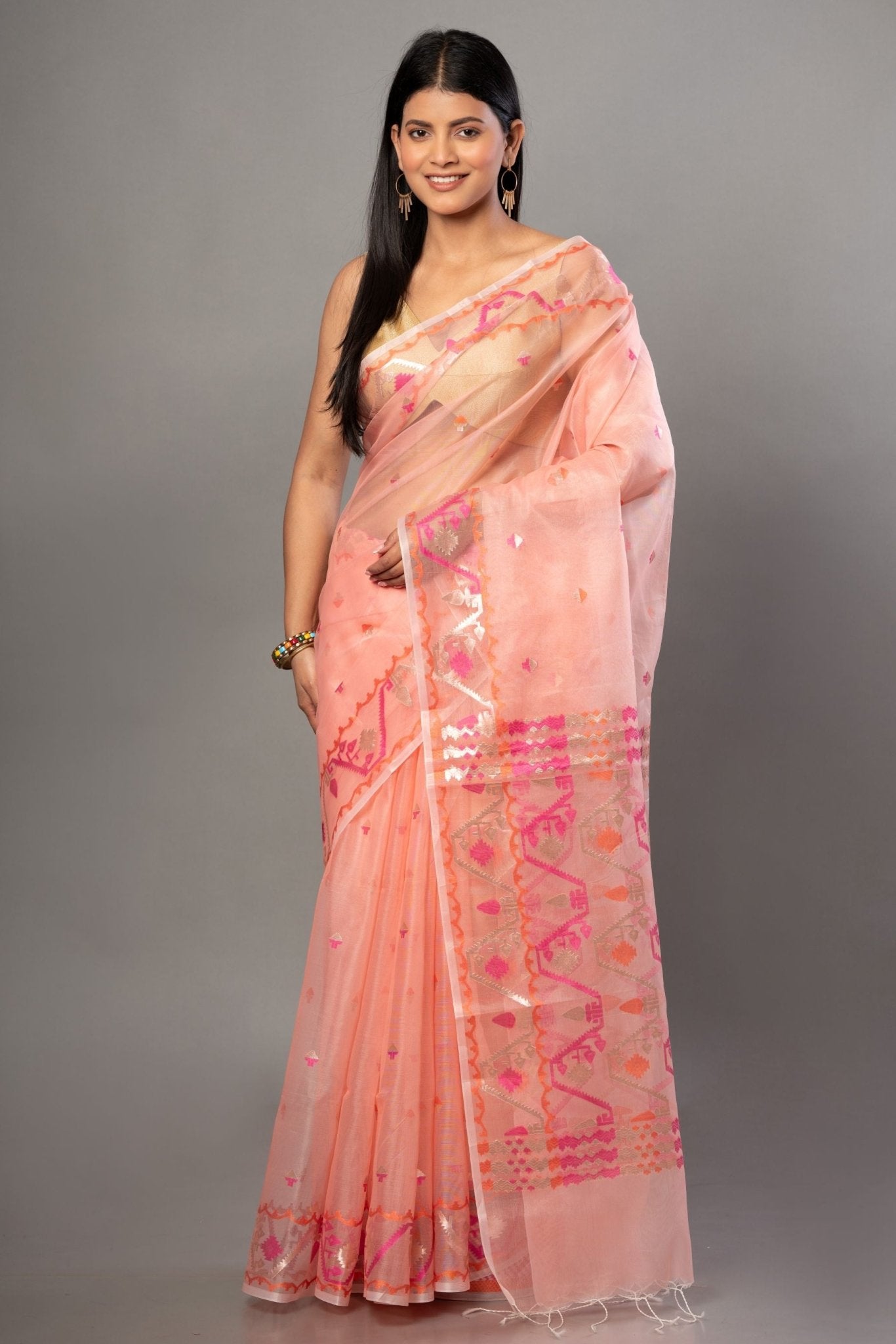 Peach Handloom Organza Silk Jamdani Saree - Anvi Couture-Front 1