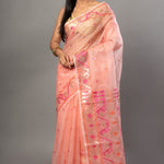 Peach Handloom Organza Silk Jamdani Saree - Anvi Couture - Front