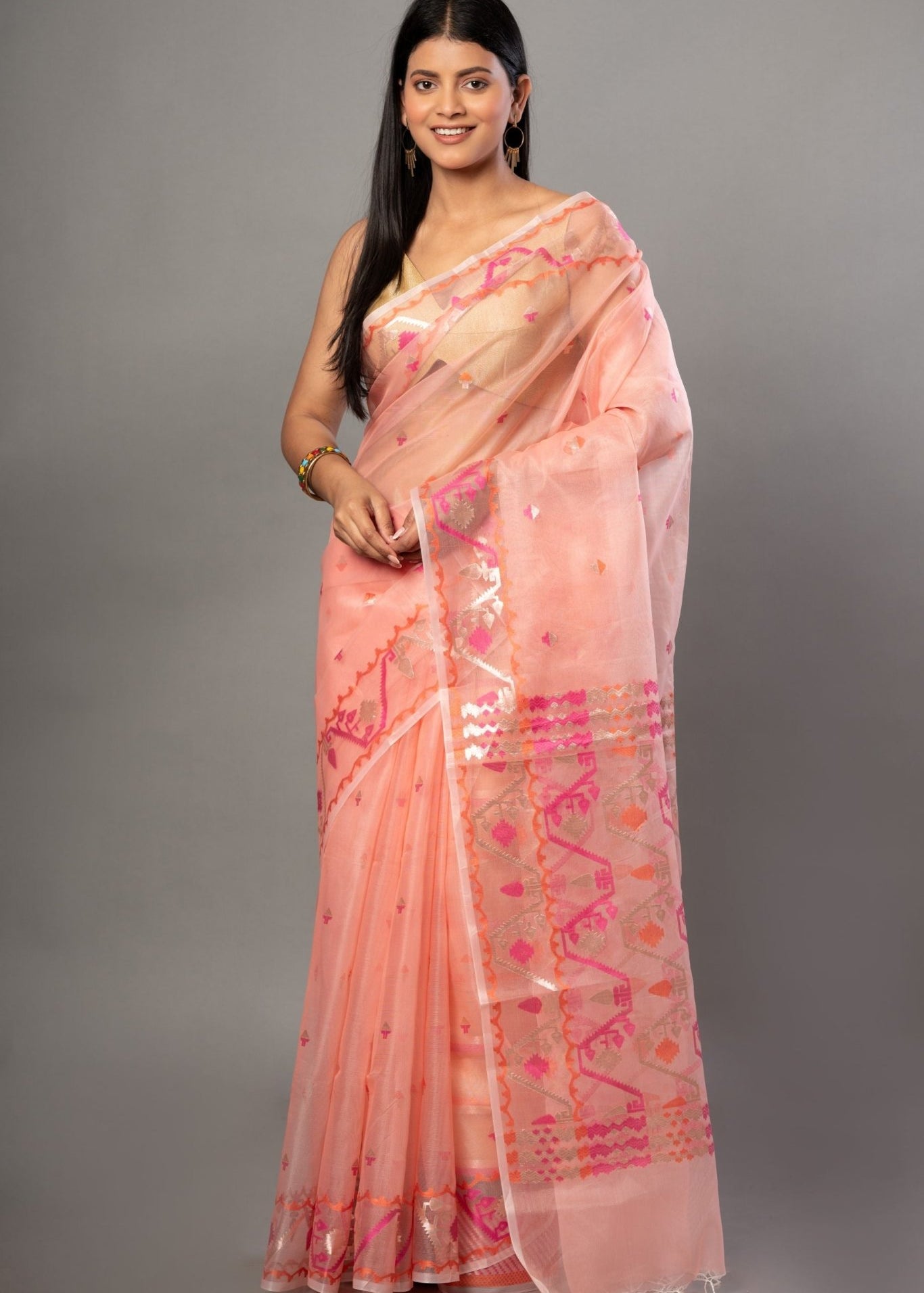 Peach Handloom Organza Silk Jamdani Saree - Anvi Couture