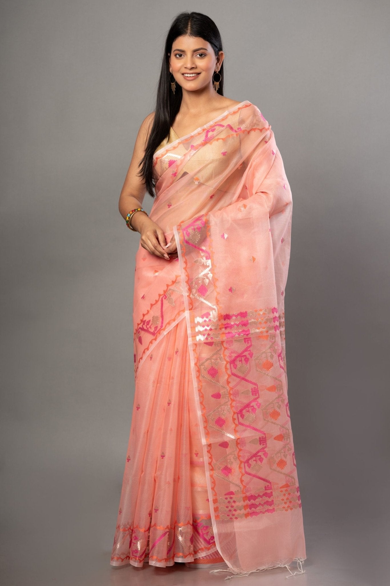 Peach Handloom Organza Silk Jamdani Saree - Anvi Couture - Front