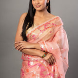 Peach Handloom Organza Silk Jamdani Saree - Anvi Couture-Front 2