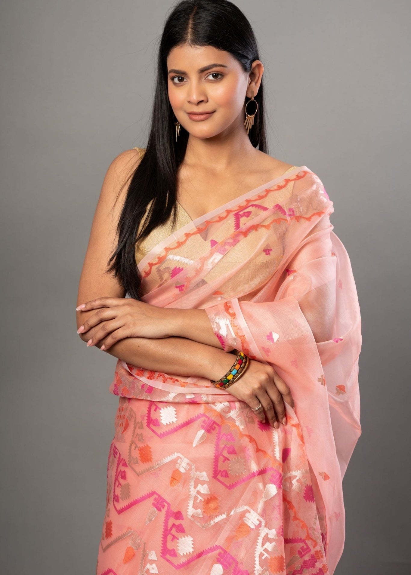 Peach Handloom Organza Silk Jamdani Saree - Anvi Couture