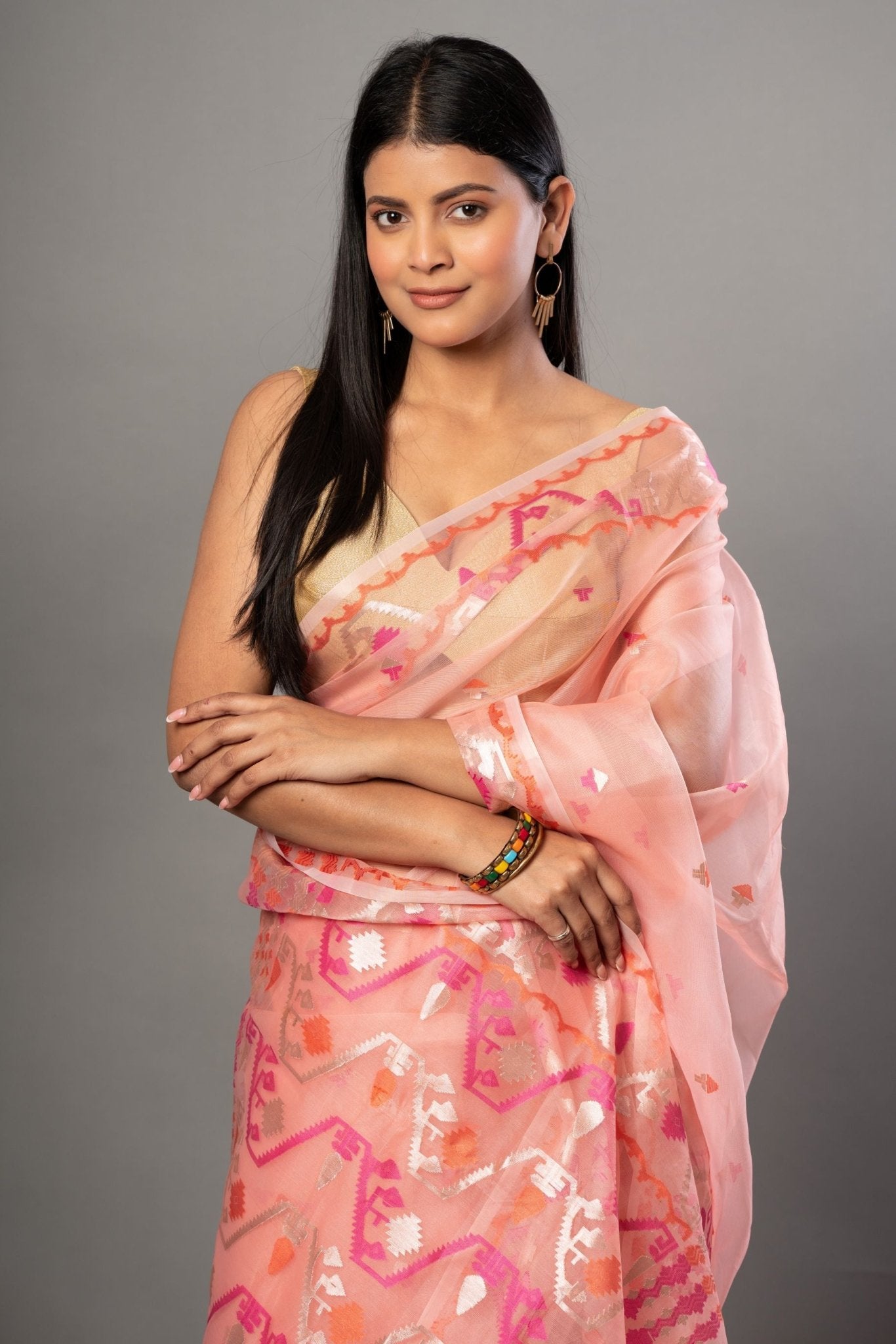 Peach Handloom Organza Silk Jamdani Saree - Anvi Couture-Front 2